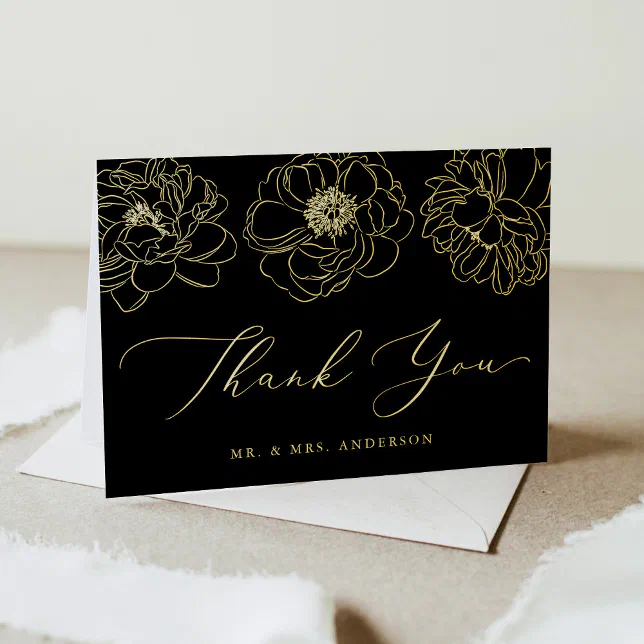 Dainty Floral Black and Gold Wedding Thank You Foil Greeting Card | Zazzle