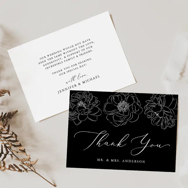 Dainty Floral Black and White Thank You Card | Zazzle