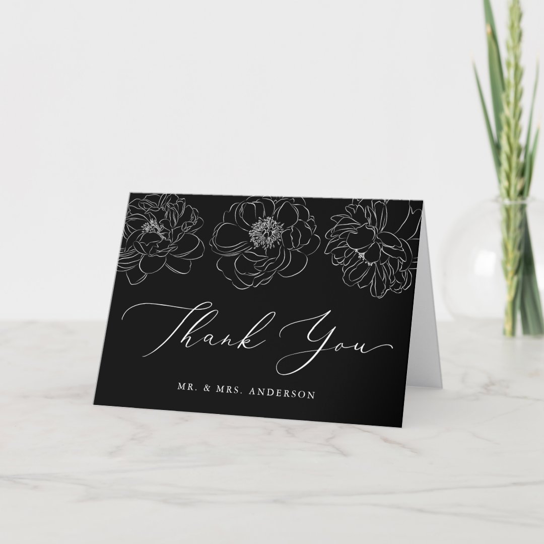 Dainty Floral Black and White Wedding Thank You Card | Zazzle