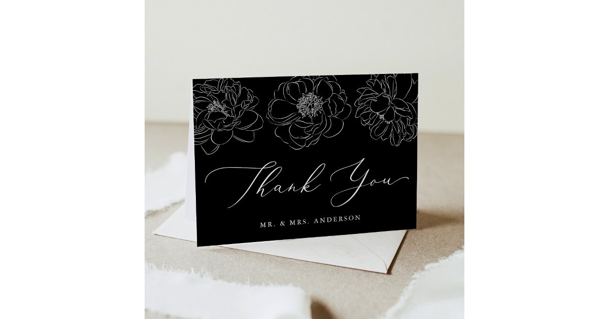 Dainty Floral Black and White Wedding Thank You Card | Zazzle