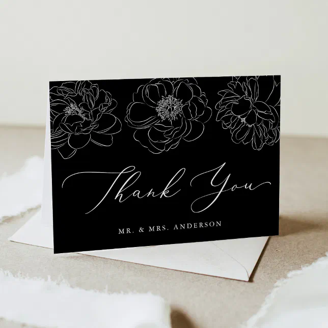 Dainty Floral Black and White Wedding Thank You Card | Zazzle