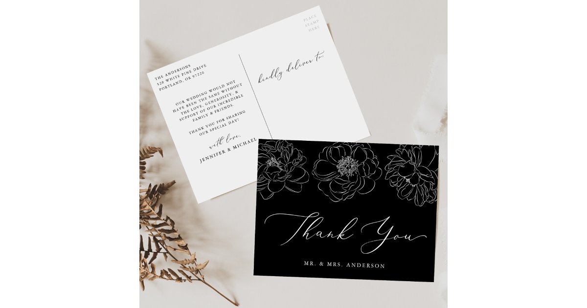 Dainty Floral Black and White Wedding Thank You Postcard | Zazzle