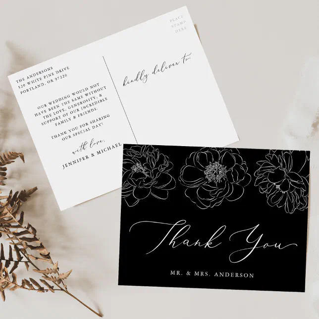 Dainty Floral Black and White Wedding Thank You Postcard | Zazzle