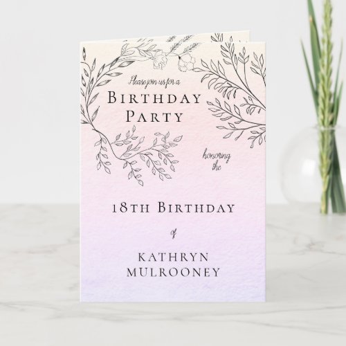 Dainty Floral Black Outlines Pink Birthday Party Invitation