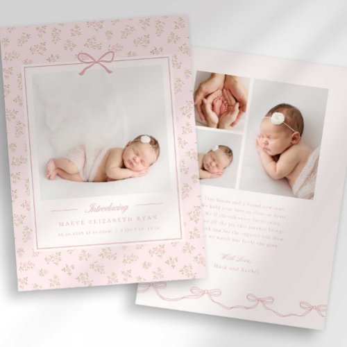 Dainty Floral Bow Photo Birth Announcement