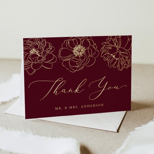 Dainty Floral Burgundy and Gold Wedding Thank You Foil Greeting Card