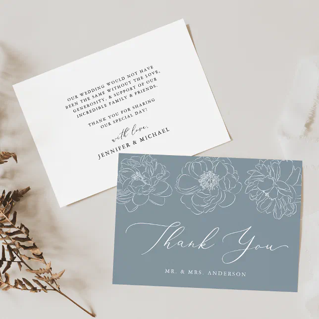 Dainty Floral Dusty Blue Wedding Thank You Card | Zazzle