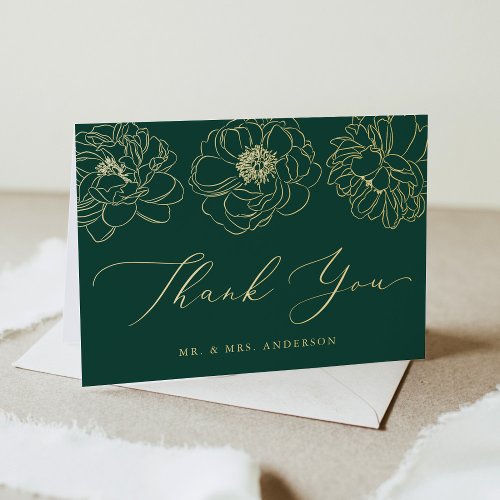 Dainty Floral Green and Gold Wedding Thank You Foil Greeting Card