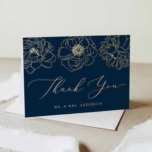 Dainty Floral Navy and Gold Wedding Thank You Foil Greeting Card