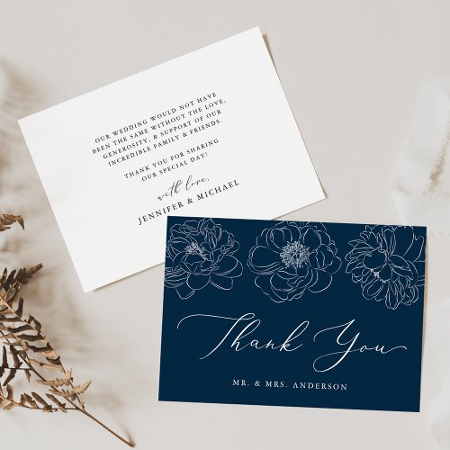 Dainty Floral Navy Wedding Thank You Card