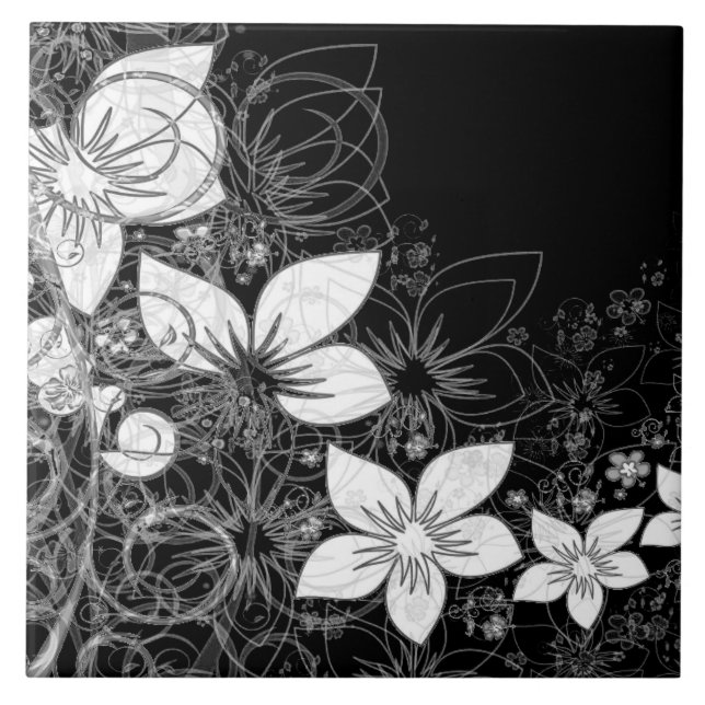 Dainty Floral Scroll on Black Ceramic Tile (Front)