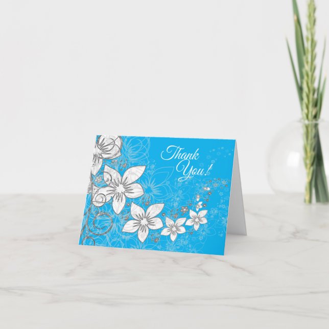 Dainty Floral Scroll on Blue Thank You Card (Front)