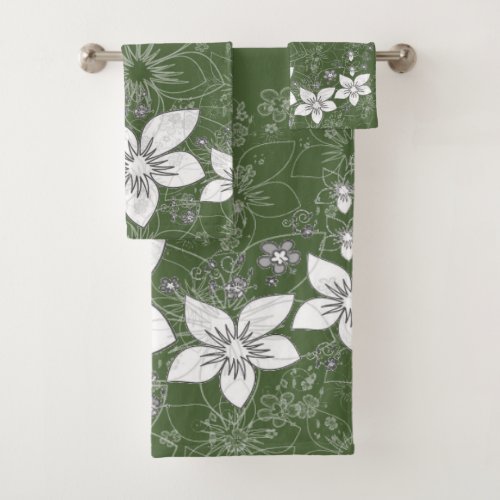 Dainty Floral Scroll on Green Bath Towel Set