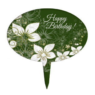 Dainty Floral Scroll on Green Happy Birthday Cake Topper