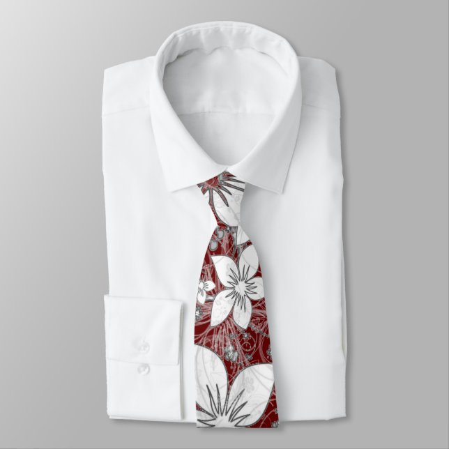 Dainty Floral Scroll on Red Neck Tie (Tied)