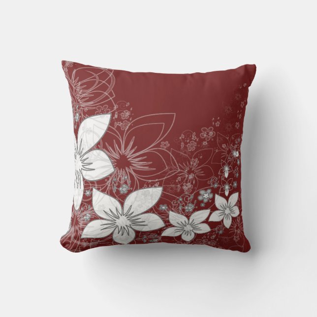Dainty Floral Scroll on Red Outdoor Pillow (Front)