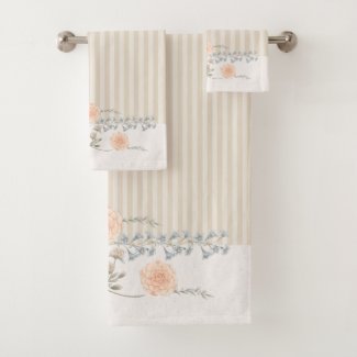 Dainty Floral Trim Cream Stripe Bath Towel Set