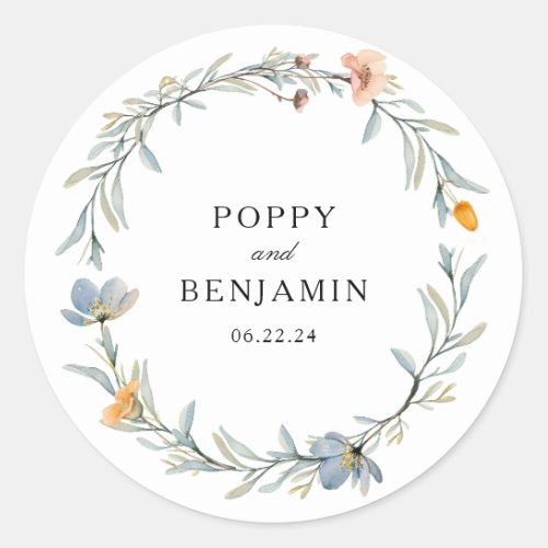 Dainty Floral Wildflower Wreath Wedding Classic Round Sticker