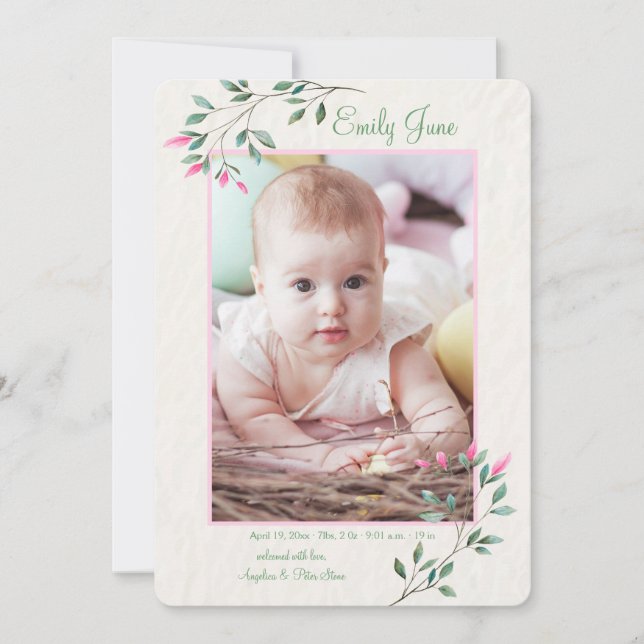 Dainty Flowers Photo Birth Announcement (Front)