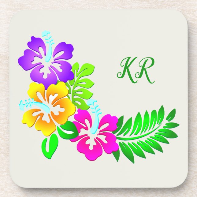 Dainty Flowers Purple Pink Yellow Monogrammed Beverage Coaster (Front)
