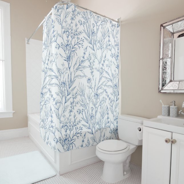 Dainty French Toile Blue Floral Pattern Shower Curtain (In Situ)