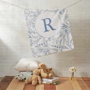 Dainty French Toile Blue & White Floral Monogram Baby Blanket