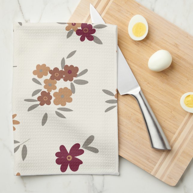 Dainty Gold Maroon Floral Pattern Kitchen Towel (Quarter Fold)