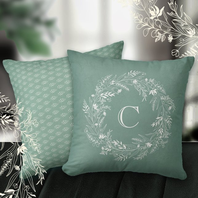 Dainty green leafy circle letter C Throw Pillow (Creator Uploaded)