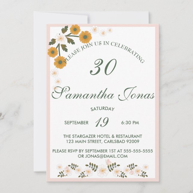 Dainty korean dusty wild rose white 30th Birthday Invitation (Front)