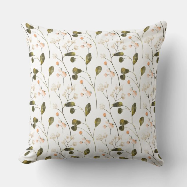 Dainty Meadow Peach and Green Wildflowers Throw Pillow (Front)