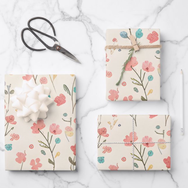 Dainty Meadow Wildflower & Pastel Sprig Wrapping Paper Sheets (Front)