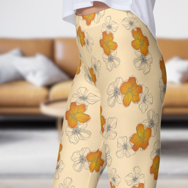 Dainty Moccasin White Triple Bloom Floral Pattern Leggings (Triple Bloom on Moccasin )