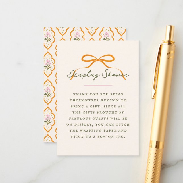 Dainty Orange Bow Baby Display Shower Enclosure Card (Front/Back In Situ)