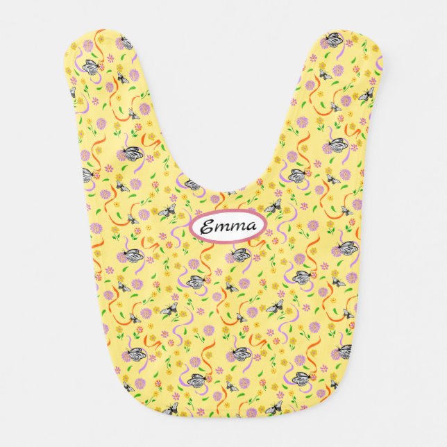 Dainty Orange Lavender Pink Flowers on Yellow Baby Bib (Front)