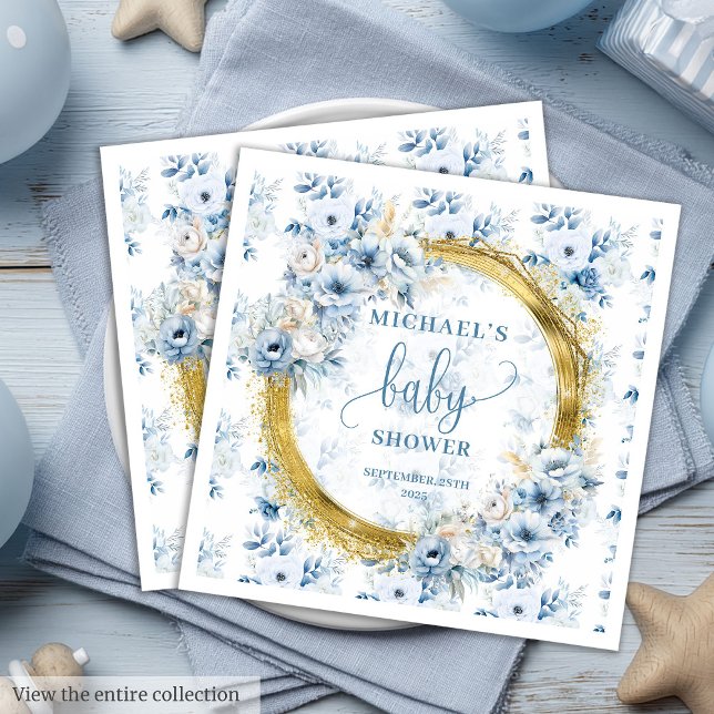Dainty pastel blue flowers gold baby shower napkin (Dainty pastel blue flowers gold baby shower napkins)