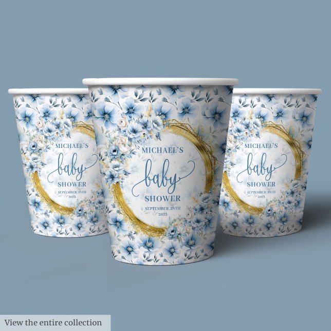 Dainty pastel blue flowers gold personalized baby  paper cups (Dainty pastel blue flowers gold personalized baby Paper Cups)