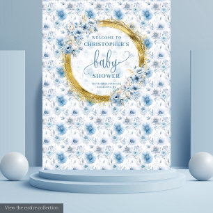 Dainty Pastel Blue Gold Floral Baby Shower Banner Tapestry