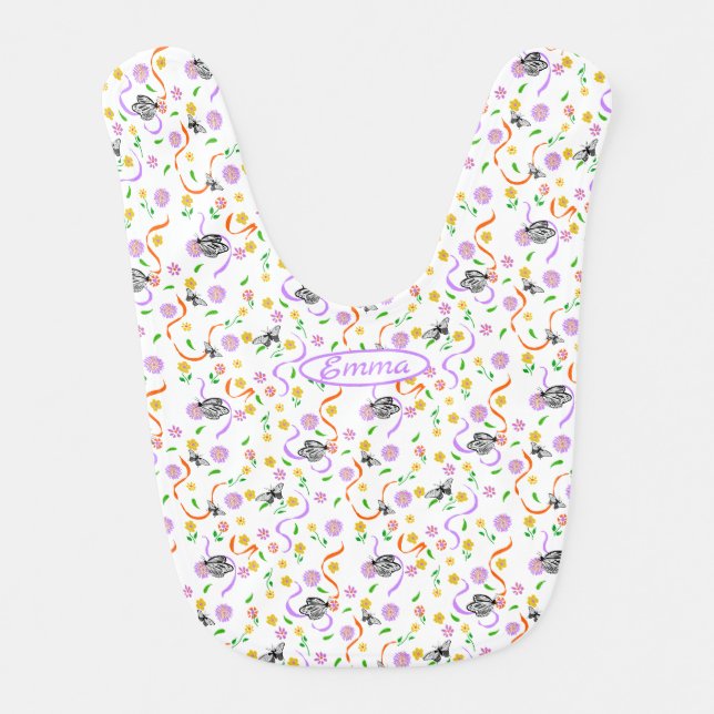 Dainty Pastel Flowers, Butterflies, and Ribbons Baby Bib (Front)