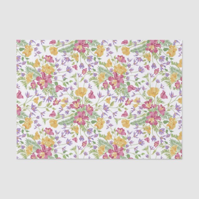 Dainty Pink and Yellow Flowers on White Decoupage Tissue Paper (Front)