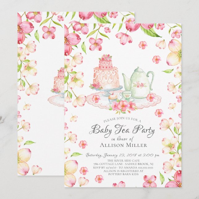 Dainty Pink Floral Baby Tea Party Invitation (Front/Back)