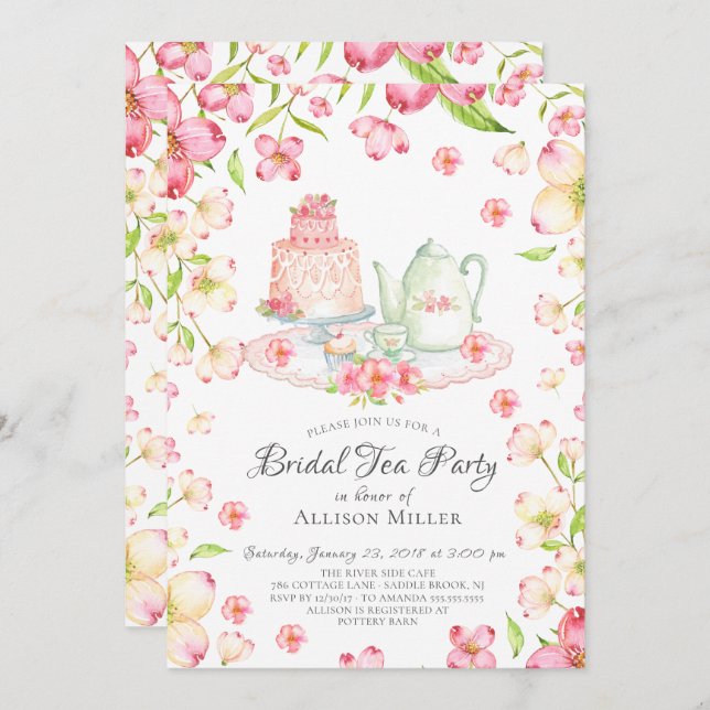 Dainty Pink Floral Bridal Tea Party Invitation (Front/Back)