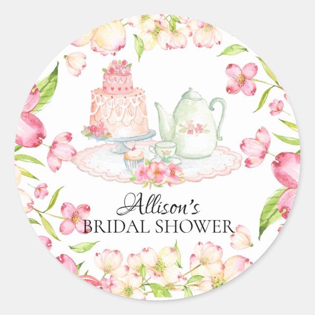 Dainty Pink Floral Bridal Tea Party Sticker (Front)