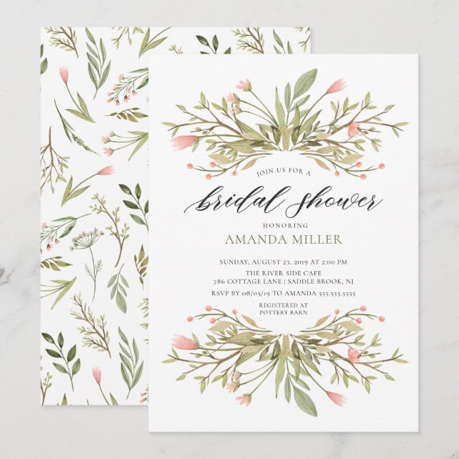 Dainty Pink Floral & Greenery Bridal Shower Invitation (Front/Back)