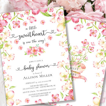Dainty Pink Floral Sweetheart Baby Shower Invitation by invitationstop at Zazzle