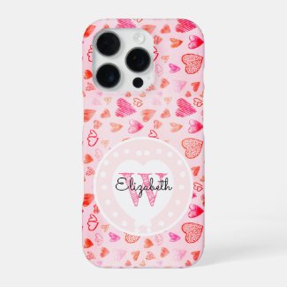 Dainty Pink Heart Pattern & Monogram White Heart 