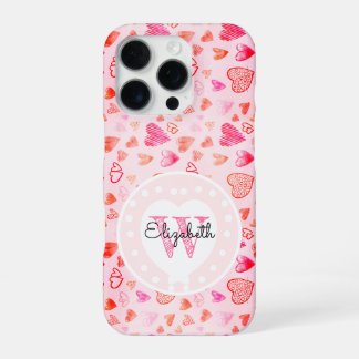 Dainty Pink Heart Pattern & Monogram White Heart iPhone 16 Pro Case