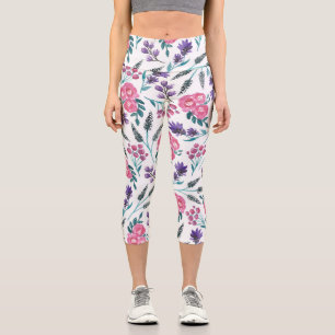 Dainty Pink Purple Sage Flowers Watercolor Capri Leggings