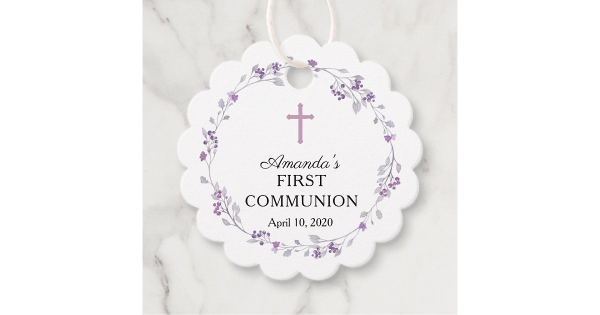 Dainty Purple Floral First Holy Communion Favor Tags | Zazzle