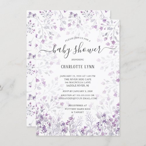 Dainty Purple Watercolor Flowers Girls Baby Shower Invitation