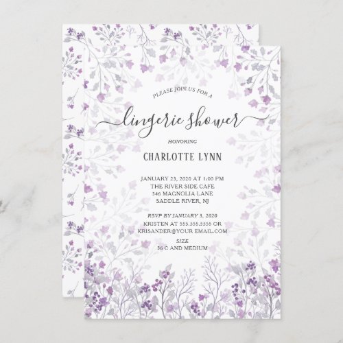 Dainty Purple Watercolor Flowers Lingerie Shower Invitation